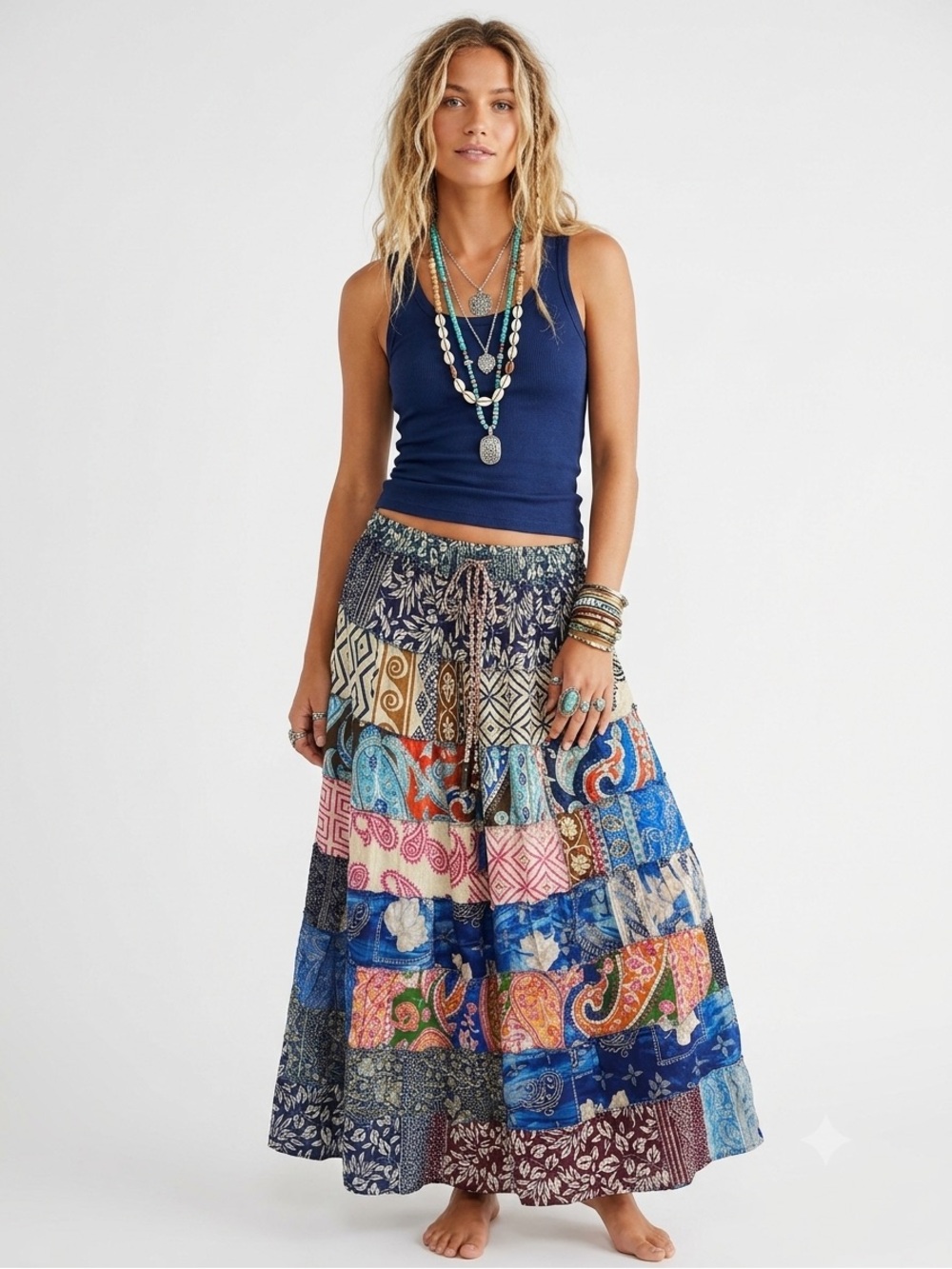 35. Boho Patchwork Sari Silk Maxi Skirt Festival Hippie Gypsy One Size India
